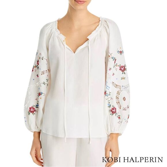 KOBI HALPERIN **NWT** Krissy Floral Embroidered Balloon-Sleeve Blouse in White - Picture 7 of 13